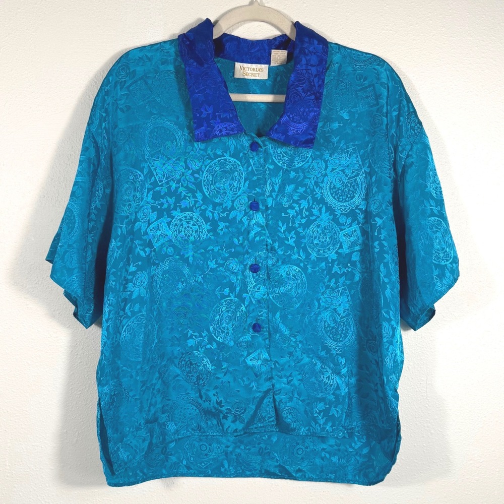 VTG Victoria's Secret Gold Label Teal Blue Jacquard Floral Pajama Top Shirt‎ M